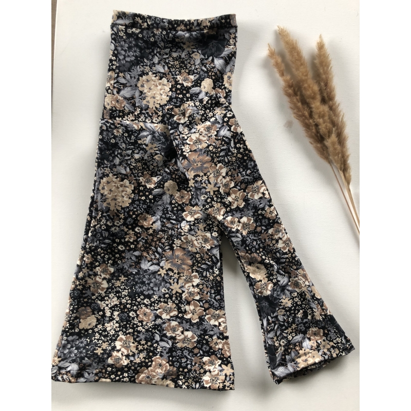 Flared broek dames flowers beige